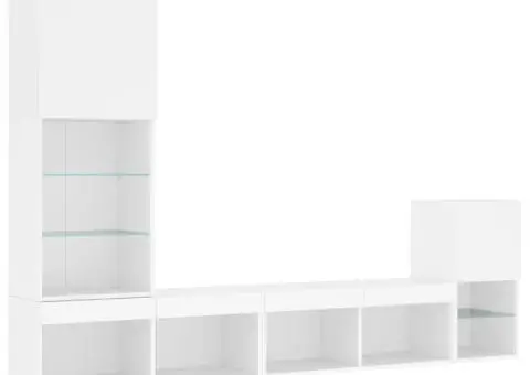 Unități de perete TV cu LED-uri, 4 piese, alb, lemn prelucrat - 3/5