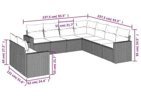 Set canapele de grădină, 9 piese, cu perne, bej, poliratan - 3/3