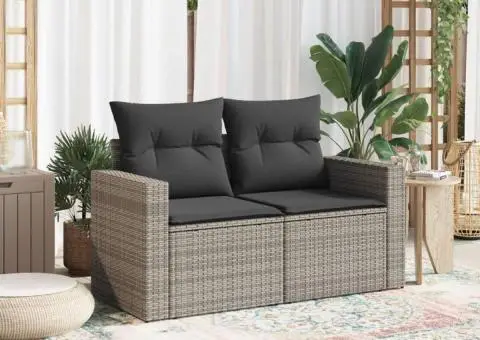 Canapea de grădină cu perne, 2 locuri, gri, poliratan - 3/5