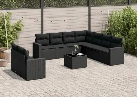 Set canapele de grădină cu perne, 10 piese, negru, poliratan - 1/3