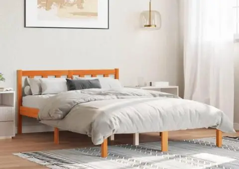 Cadru pat fără saltea, maro ceruit, 135x190 cm, lemn masiv pin - 1/5