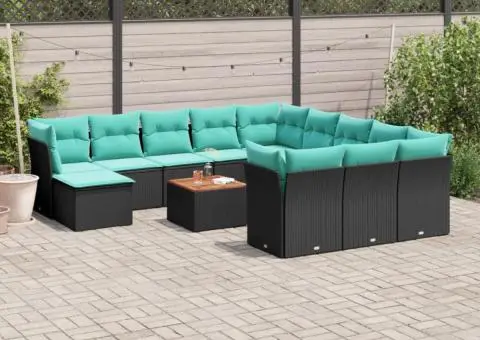 Set mobilier de grădină cu perne, 13 piese, negru, poliratan - 1/3