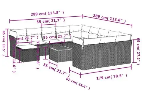 Set mobilier de grădină cu perne, 13 piese, negru, poliratan - 3/3
