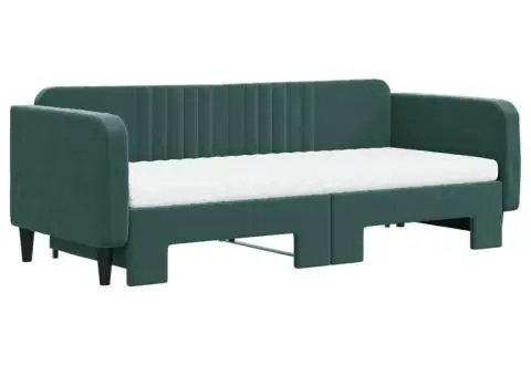 Pat de zi cu extensie și saltele verde închis 90x200 cm catifea - 3/5