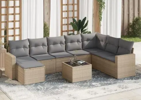 Set canapele de grădină, 9 piese, cu perne, bej, poliratan - 1/3