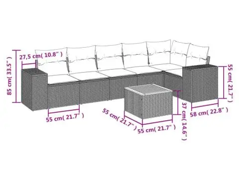Set canapele de grădină cu perne, 7 piese, negru, poliratan - 3/3