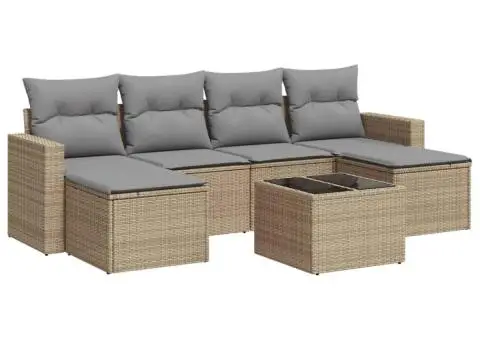 Set canapele de grădină, 7 piese, cu perne, bej, poliratan - 2/3