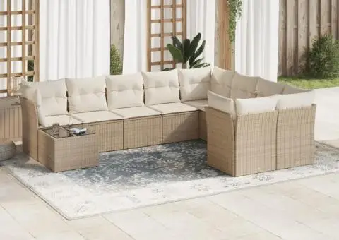 Set canapele de grădină cu perne, 10 piese, bej, poliratan - 1/3