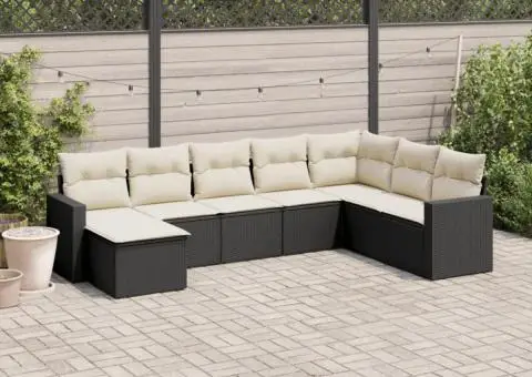 Set mobilier de grădină cu perne, 8 piese, negru, poliratan - 1/3