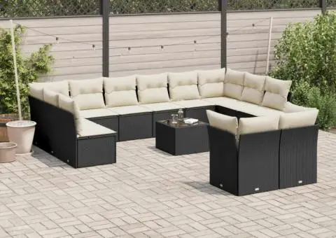 Set mobilier de grădină cu perne, 13 piese, negru, poliratan - 1/3