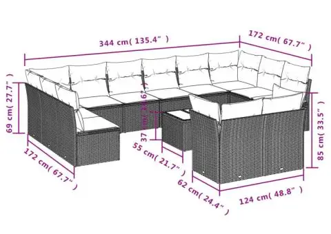 Set mobilier de grădină cu perne, 13 piese, negru, poliratan - 3/3
