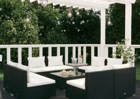 Set mobilier de grădină cu perne, 9 piese, negru, poliratan - 1/5