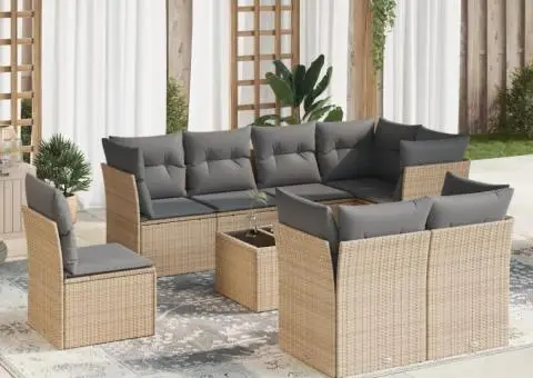 Set canapele de grădină, 9 piese, cu perne, bej, poliratan - 1/3