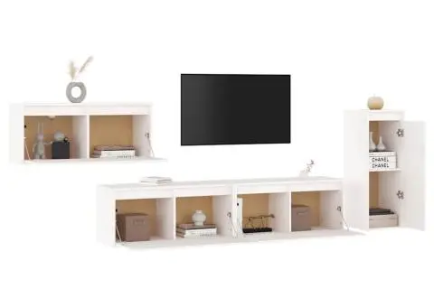 Comode TV, 4 buc., alb, lemn masiv de pin - 4/5