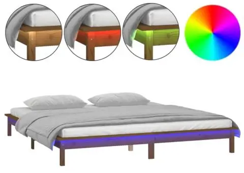 Cadru de pat cu LED, maro miere, 140x190 cm, lemn masiv - 2/5