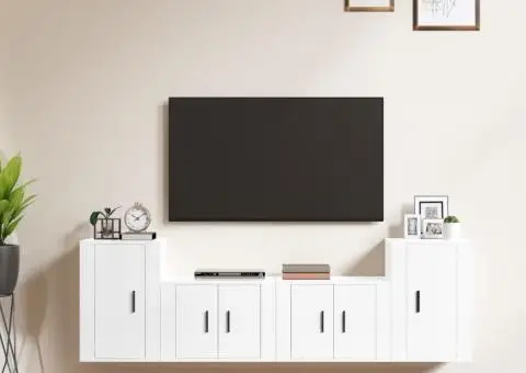 Set dulap TV, 4 piese, alb extralucios, lemn prelucrat - 1/5