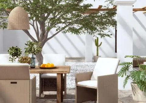 Scaune de grădină cu perne, 4 buc., bej, poliratan - 1/5