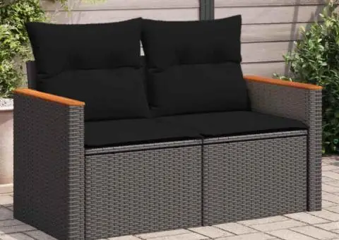 Canapea de grădină cu perne, 2 locuri, negru, poliratan - 1/5