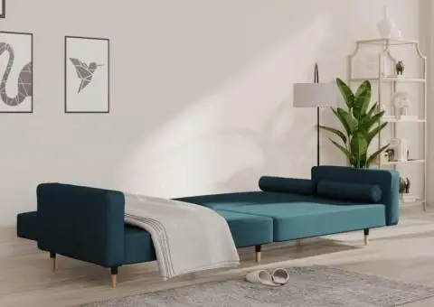 Canapea extensibilă cu 2 locuri, 2 perne, albastru, catifea - 3/5