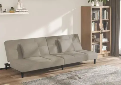 Canapea extensibilă cu 2 locuri, 2 perne, gri deschis, catifea - 1/5