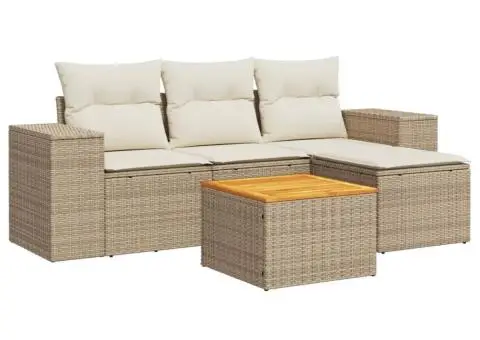 Set canapele de grădină cu perne, 5 piese, bej, poliratan - 2/3