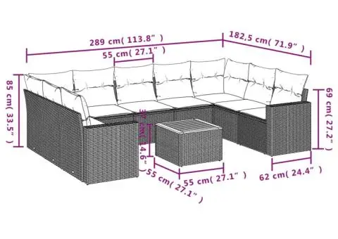Set canapele de grădină cu perne, 10 piese, negru, poliratan - 3/3