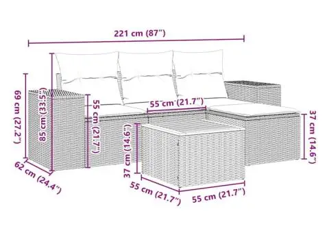Set mobilier de grădină cu perne, 5 piese, negru, poliratan - 3/3