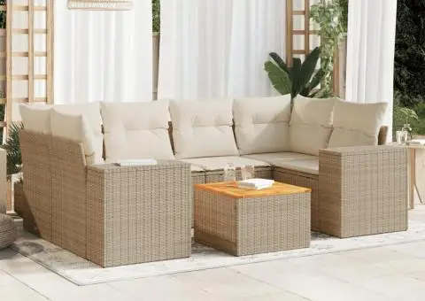 Set canapele de grădină, 7 piese, cu perne, bej, poliratan - 1/3