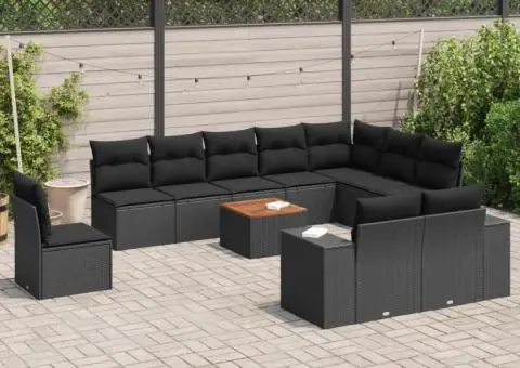 Set canapele de grădină cu perne, 11 piese, negru, poliratan - 1/3