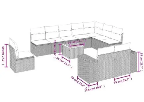 Set canapele de grădină cu perne, 11 piese, gri, poliratan - 3/3
