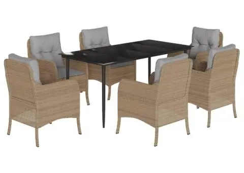 Set de masă pentru grădină, 7 piese, cu perne, bej, poliratan - 2/5