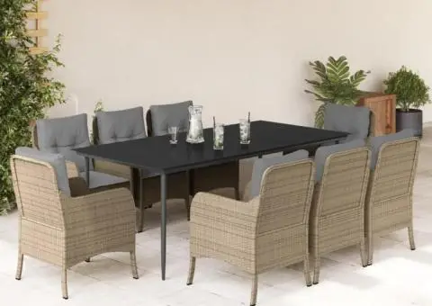 Set de masă pentru grădină, 9 piese, cu perne, bej, poliratan - 1/5