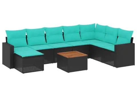 Set mobilier de grădină cu perne, 9 piese, negru, poliratan - 2/3