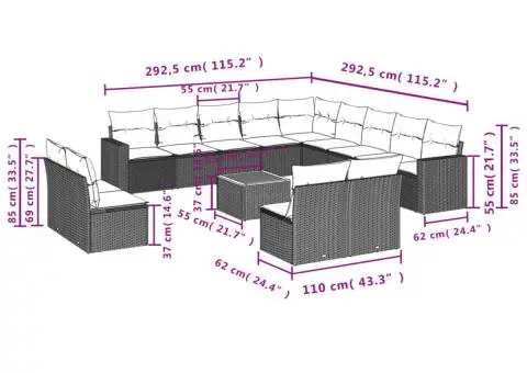 Set mobilier de grădină cu perne, 14 piese, negru, poliratan - 3/3