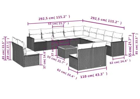 Set mobilier de grădină cu perne, 14 piese, gri, poliratan - 3/3