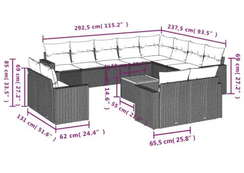 Set mobilier de grădină cu perne, 13 piese, gri, poliratan - 3/3