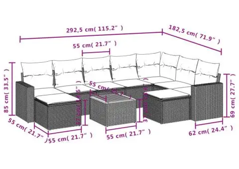 Set canapele de grădină cu perne, 10 piese, negru, poliratan - 3/3