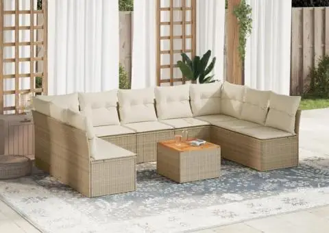 Set canapele de grădină cu perne, 10 piese, bej, poliratan - 1/3