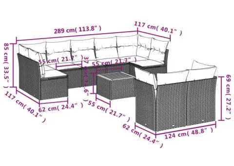 Set canapele de grădină cu perne, 10 piese, gri, poliratan - 3/3
