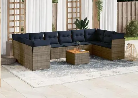 Set canapele de grădină cu perne, 11 piese, gri, poliratan - 1/3