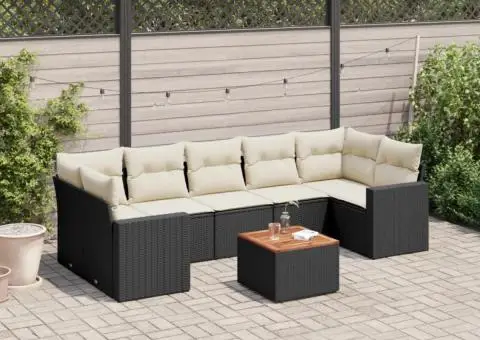 Set mobilier de grădină cu perne, 8 piese, negru, poliratan - 1/3