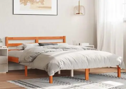 Cadru pat fără saltea, maro ceruit, 140x190 cm, lemn masiv pin - 1/5