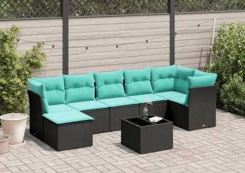 Set mobilier de grădină cu perne, 8 piese, negru, poliratan - 1/3