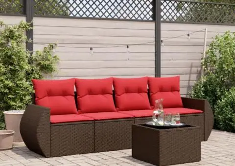 Set canapele de grădină cu perne, 5 piese, maro, poliratan - 1/3