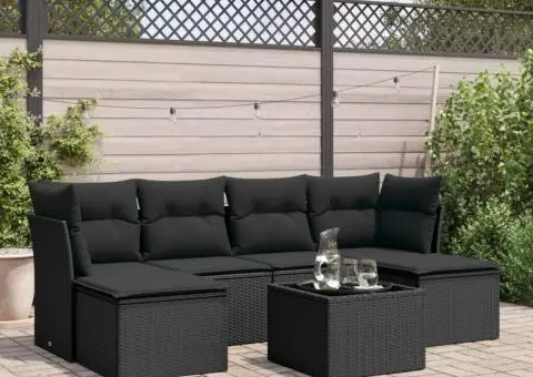 Set canapele de grădină cu perne, 7 piese, negru, poliratan - 1/3