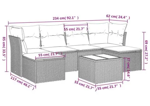 Set canapele de grădină cu perne, 7 piese, negru, poliratan - 3/3