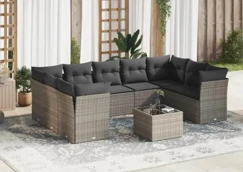 Set mobilier de grădină cu perne, 10 piese, gri, poliratan - 1/3