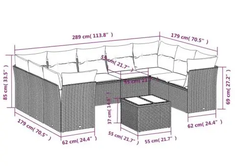 Set mobilier de grădină cu perne, 10 piese, gri, poliratan - 3/3