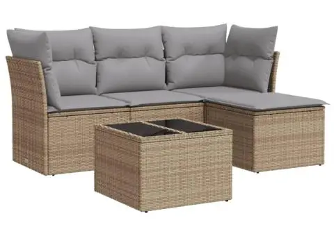 Set canapele de grădină cu perne, 5 piese, bej, poliratan - 2/3