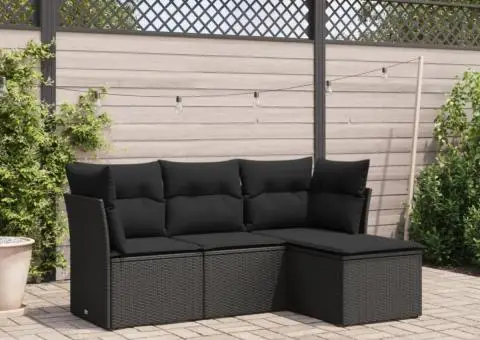 Set mobilier de grădină cu perne, 4 piese, negru, poliratan - 1/3
